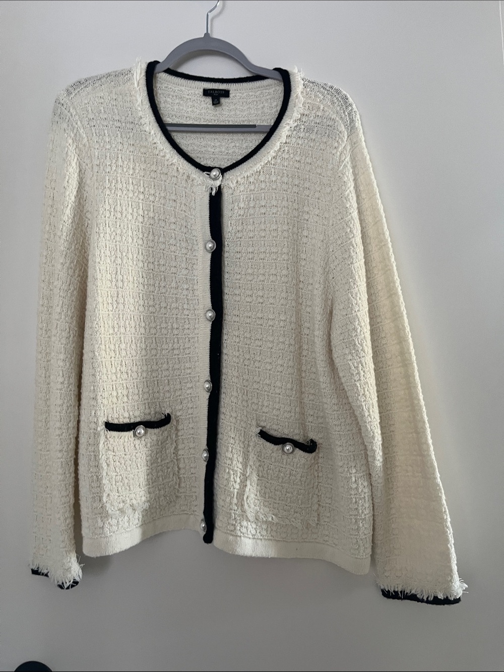 Talbots Cream Bouclé Cardigan with Black Trim and Pearl Buttons